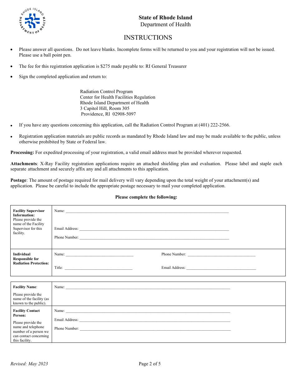 Application for Registration for Industrial Radiation Machine (Category a) X-Ray Equipment Facility - Rhode Island, Page 2