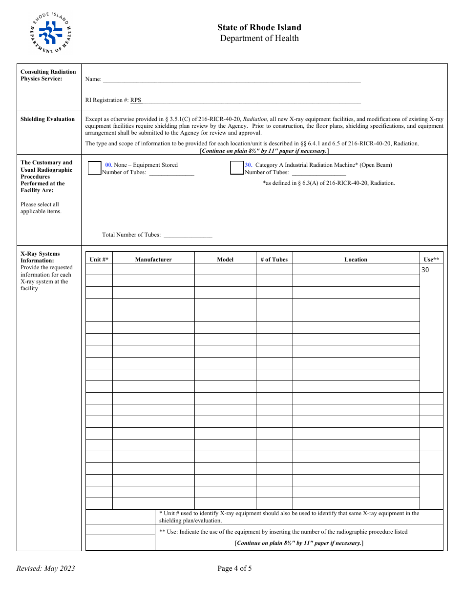 Application for Registration for Industrial Radiation Machine (Category a) X-Ray Equipment Facility - Rhode Island, Page 4