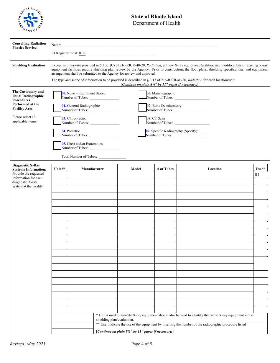 Application for Registration for Srf Diagnostic X-Ray Equipment Facility - Rhode Island, Page 4