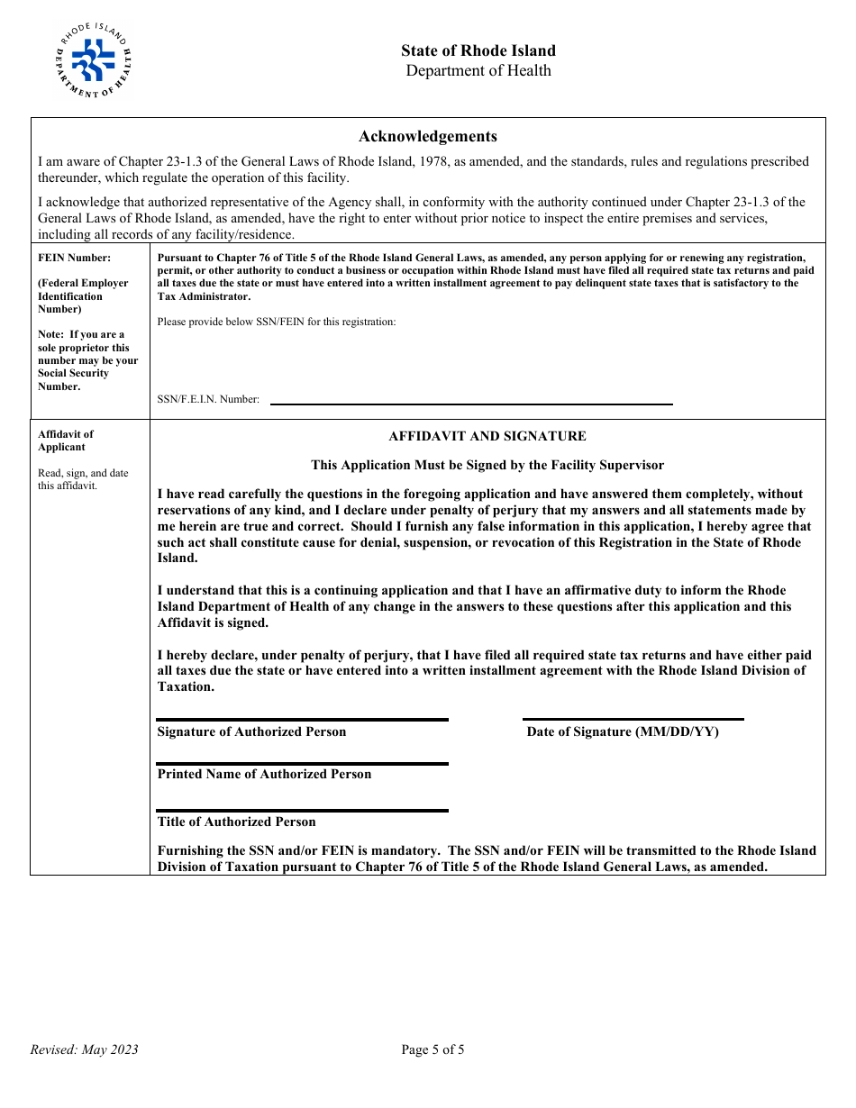 Application for Registration for Srf Diagnostic X-Ray Equipment Facility - Rhode Island, Page 5