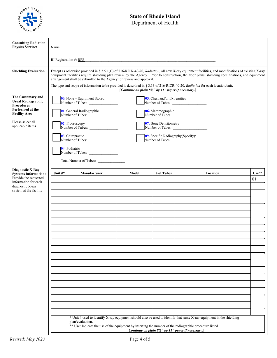 Application for Registration for Rad Diagnostic X-Ray Equipment Facility - Rhode Island, Page 4