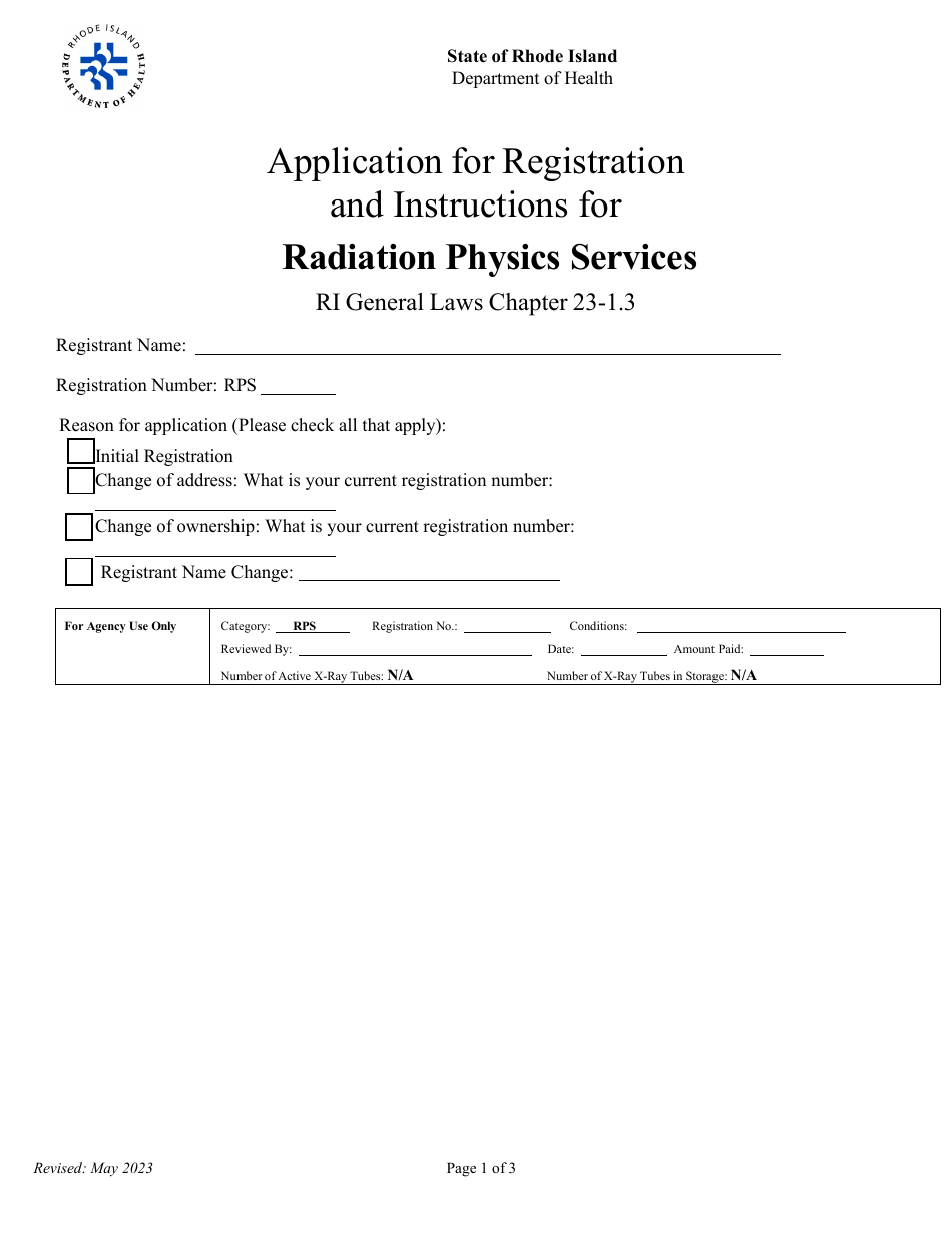 Application for Registration for Radiation Physics Services - Rhode Island, Page 1