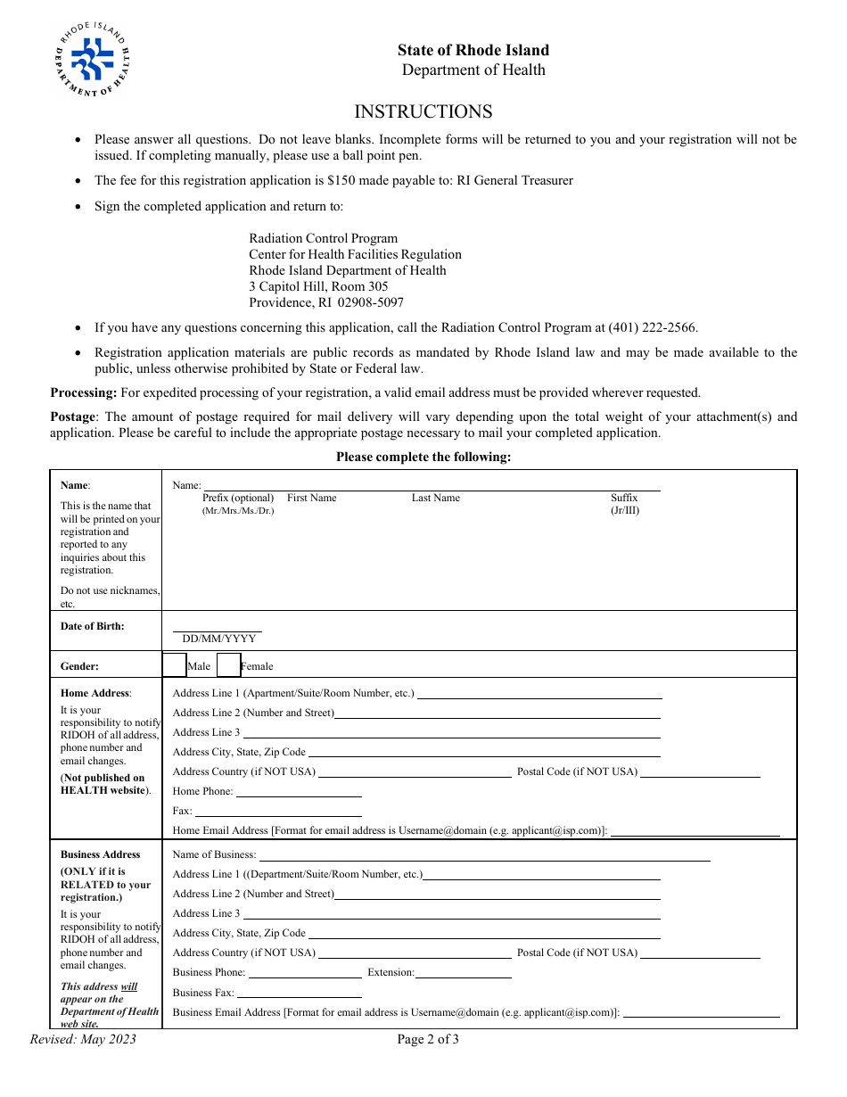 Application for Registration for Radiation Physics Services - Rhode Island, Page 2