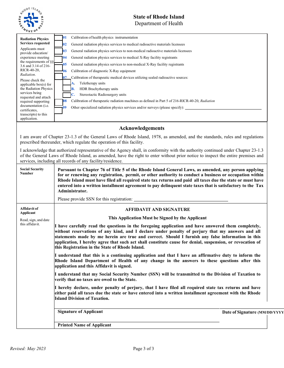 Application for Registration for Radiation Physics Services - Rhode Island, Page 3