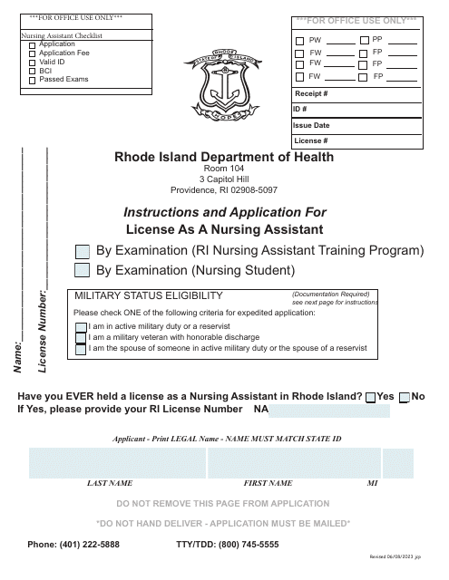 Application for License as a Nursing Assistant by Examination (Ri Nursing Assistant Training Program) / By Examination (Nursing Student) - Rhode Island Download Pdf
