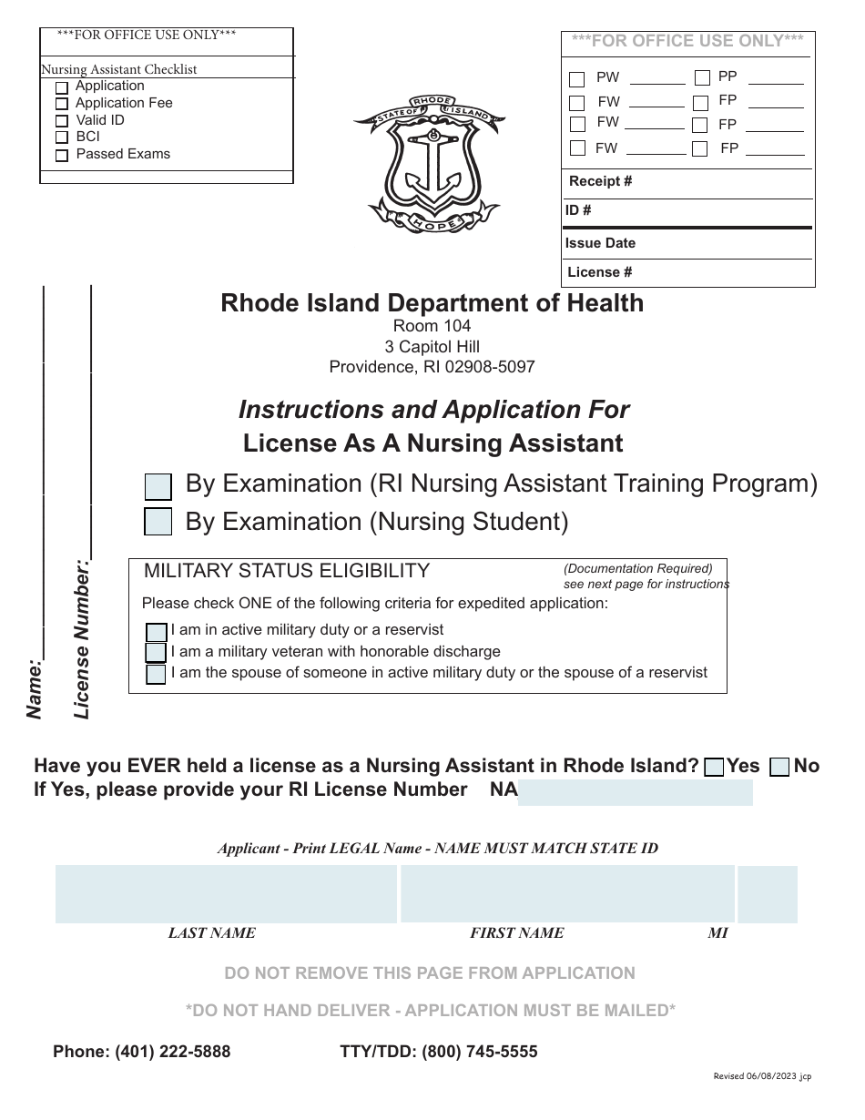 Application for License as a Nursing Assistant by Examination (Ri Nursing Assistant Training Program) / By Examination (Nursing Student) - Rhode Island, Page 1