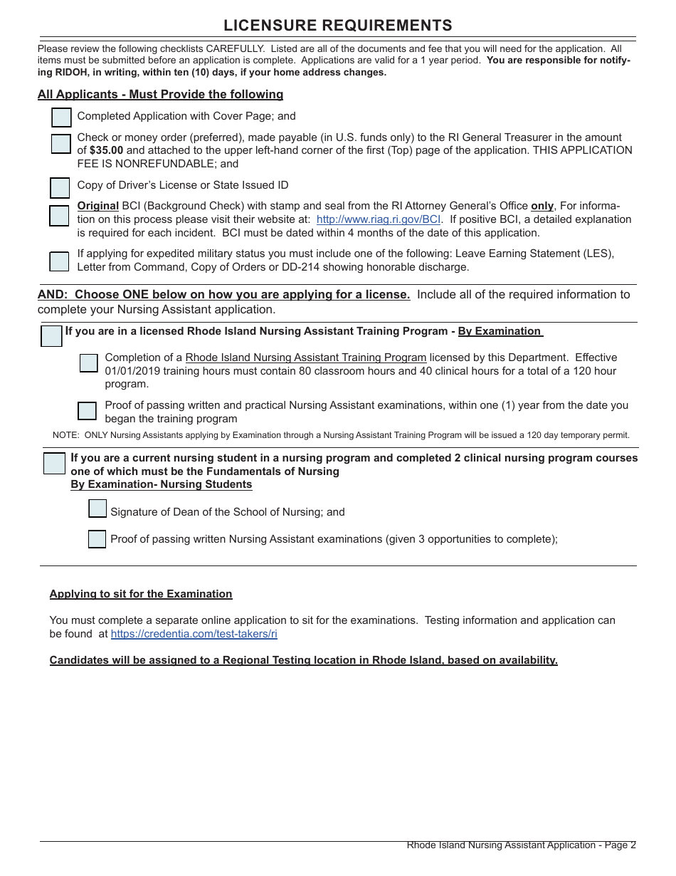 Application for License as a Nursing Assistant by Examination (Ri Nursing Assistant Training Program) / By Examination (Nursing Student) - Rhode Island, Page 2