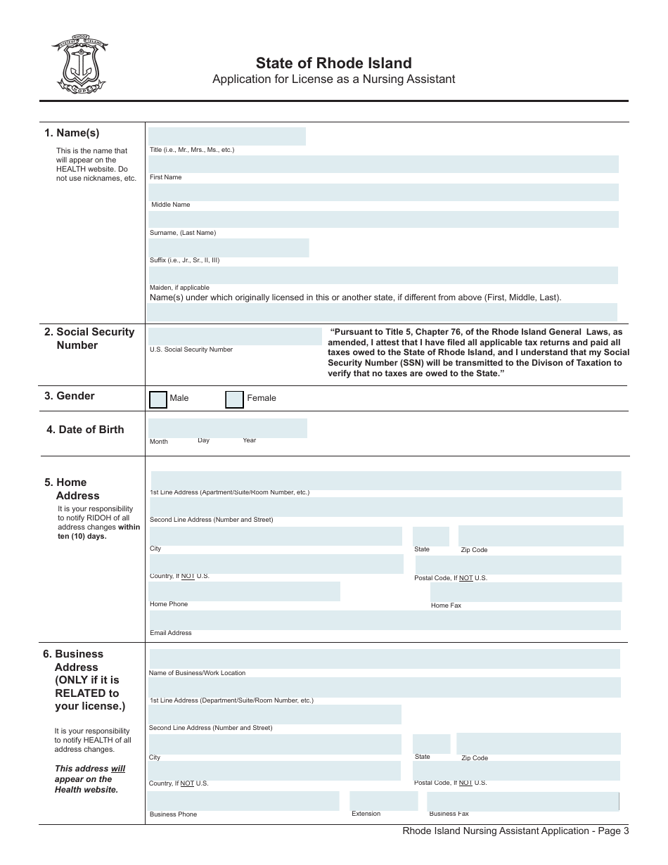 Application for License as a Nursing Assistant by Examination (Ri Nursing Assistant Training Program) / By Examination (Nursing Student) - Rhode Island, Page 3
