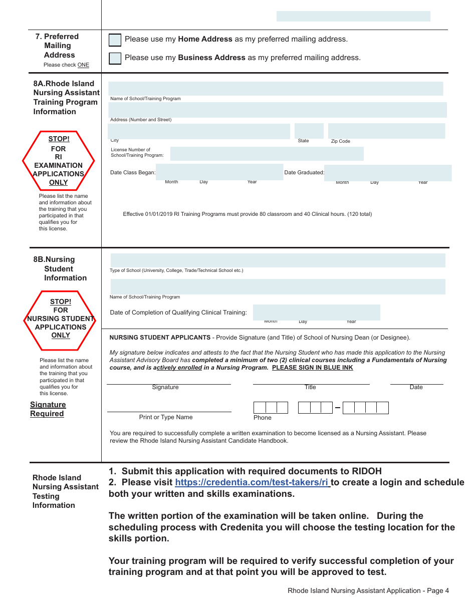 Application for License as a Nursing Assistant by Examination (Ri Nursing Assistant Training Program) / By Examination (Nursing Student) - Rhode Island, Page 4