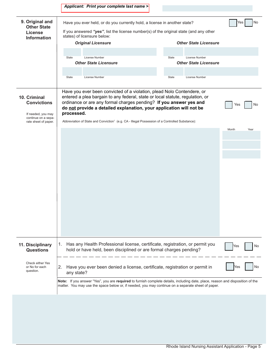 Application for License as a Nursing Assistant by Examination (Ri Nursing Assistant Training Program) / By Examination (Nursing Student) - Rhode Island, Page 5