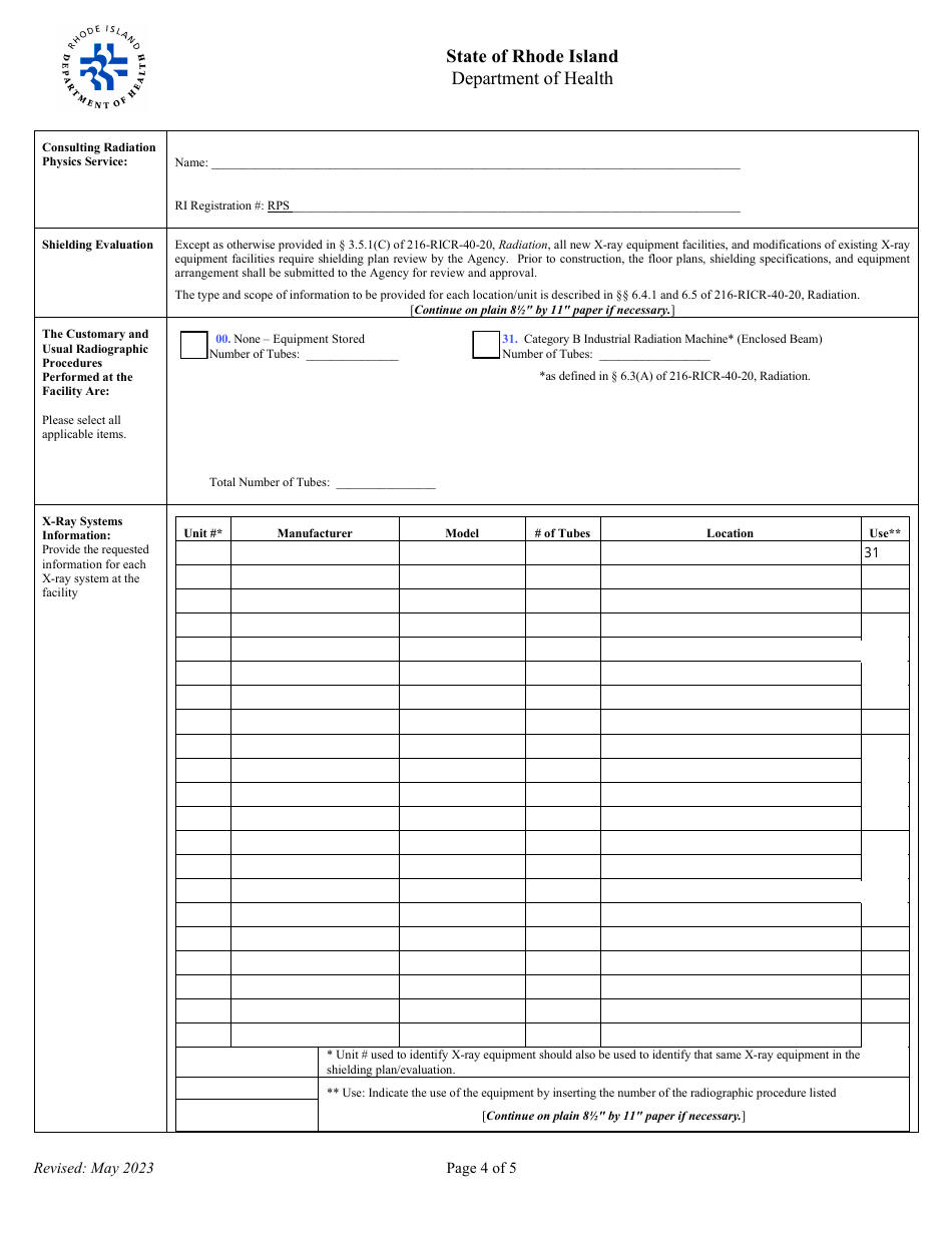 Application for Registration for Industrial Radiation Machine (Category B) X-Ray Equipment Facility - Rhode Island, Page 4