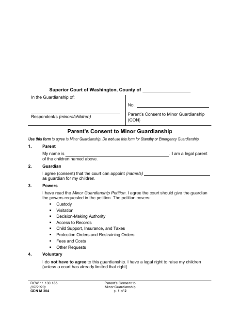 Form GDN M304 Parent's Consent to Minor Guardianship - Washington