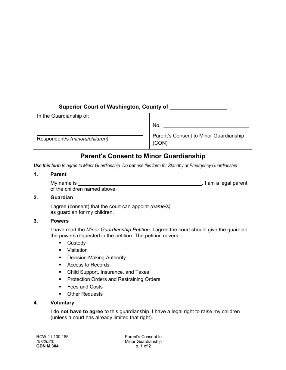 Form GDN M304 Parents Consent to Minor Guardianship - Washington, Page 1