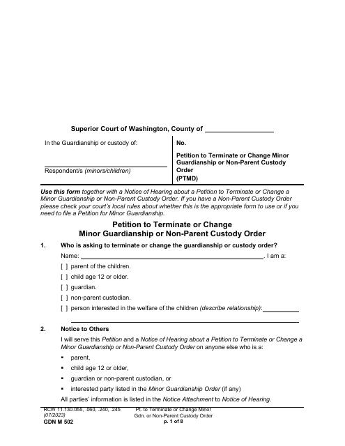 Form GDN M502 Petition to Terminate or Change Minor Guardianship or Non-parent Custody Order (Ptmd) - Washington
