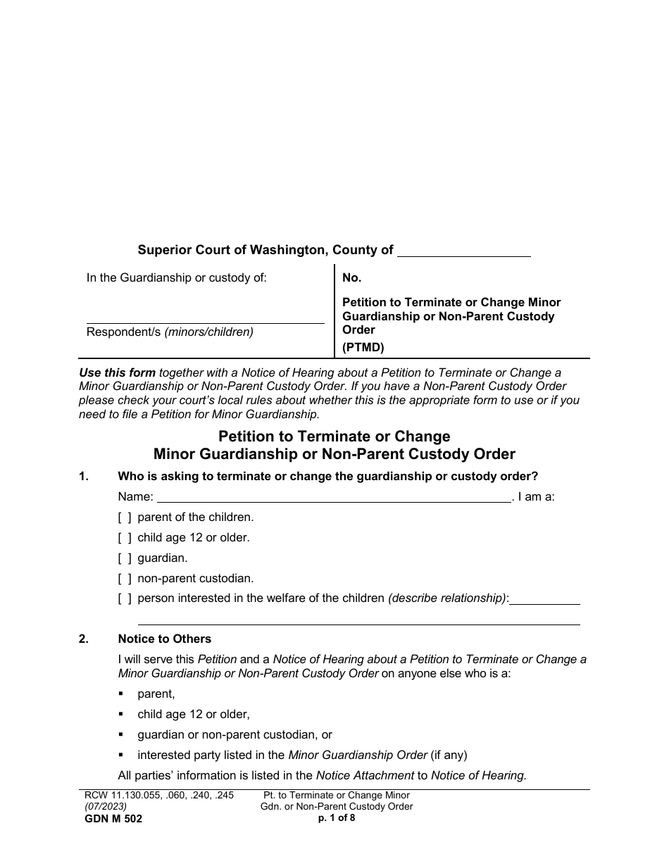 Form GDN M502 Petition to Terminate or Change Minor Guardianship or Non-parent Custody Order (Ptmd) - Washington, Page 1