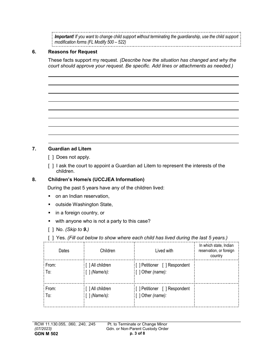 Form GDN M502 Petition to Terminate or Change Minor Guardianship or Non-parent Custody Order (Ptmd) - Washington, Page 3