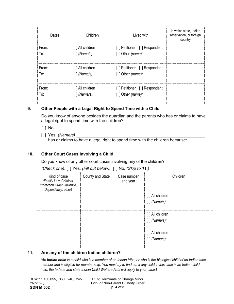 Form GDN M502 Petition to Terminate or Change Minor Guardianship or Non-parent Custody Order (Ptmd) - Washington, Page 4
