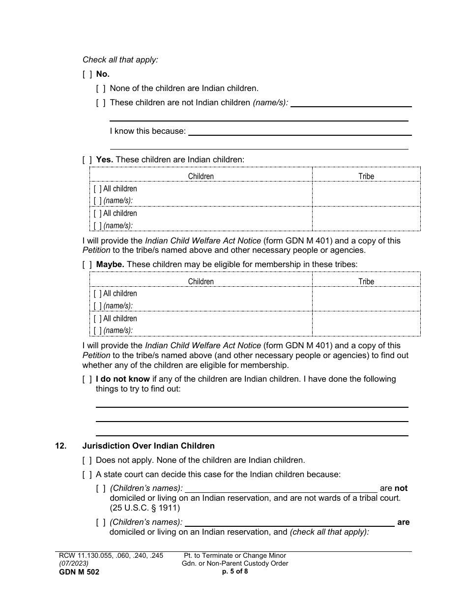 Form GDN M502 Petition to Terminate or Change Minor Guardianship or Non-parent Custody Order (Ptmd) - Washington, Page 5