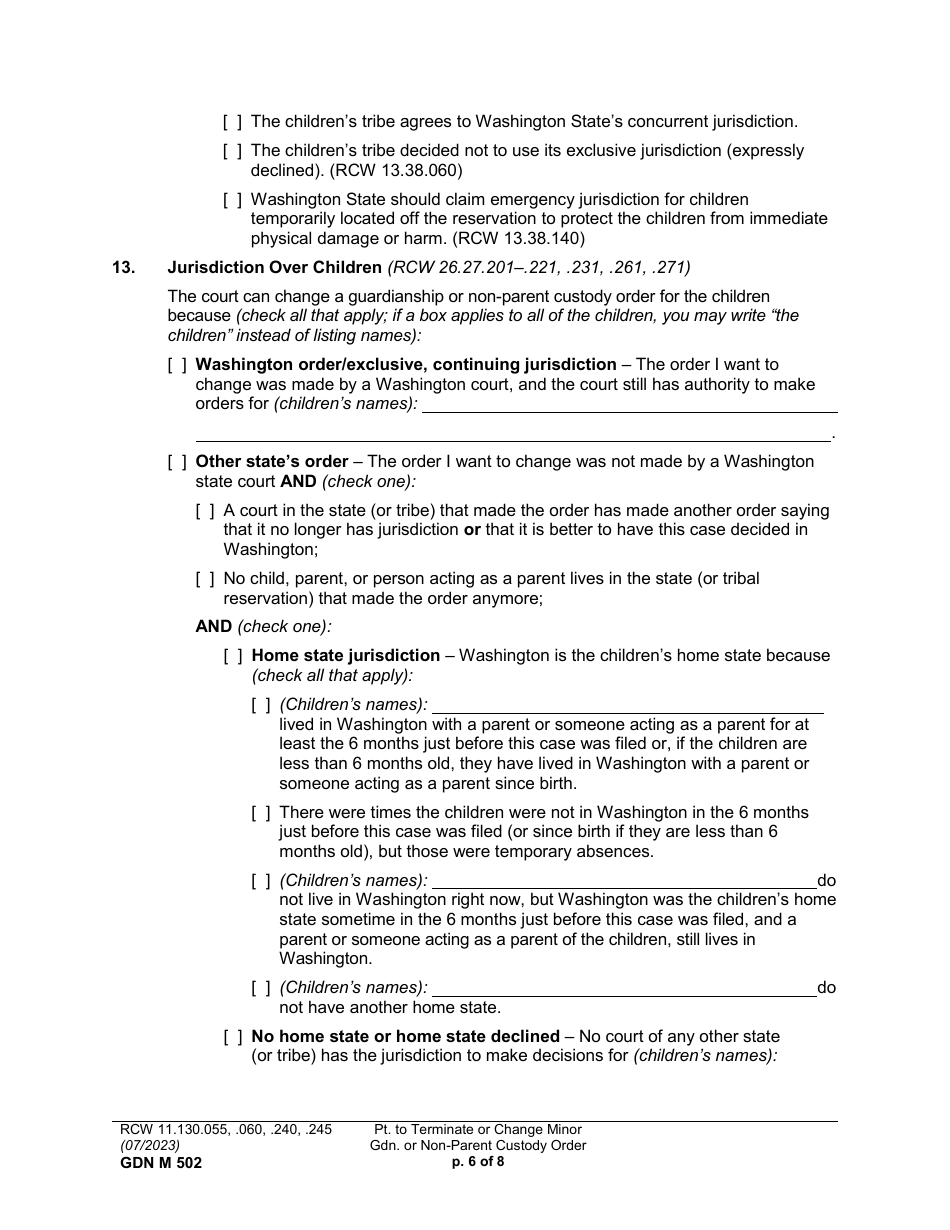 Form GDN M502 Petition to Terminate or Change Minor Guardianship or Non-parent Custody Order (Ptmd) - Washington, Page 6