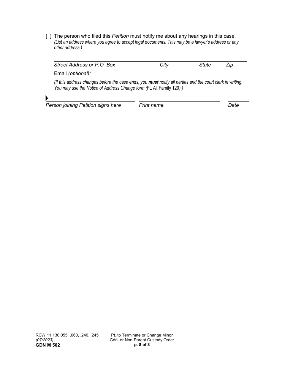 Form GDN M502 Petition to Terminate or Change Minor Guardianship or Non-parent Custody Order (Ptmd) - Washington, Page 8