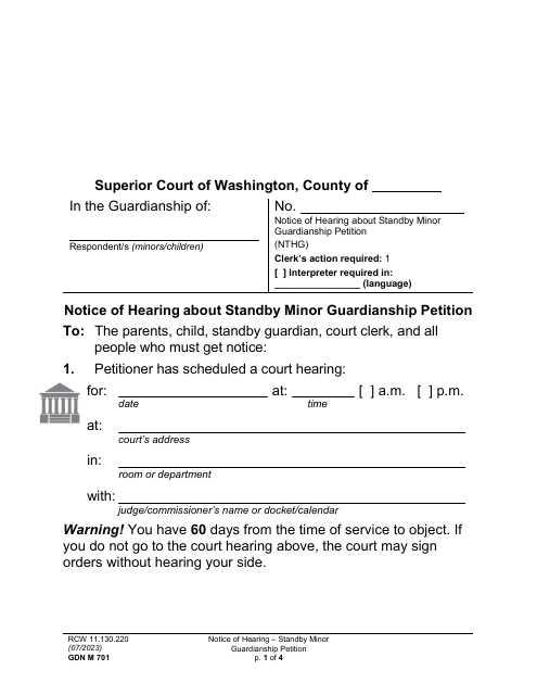 Form GDN M701 Notice of Hearing About Standby Minor Guardianship Petition (Nthg) - Washington
