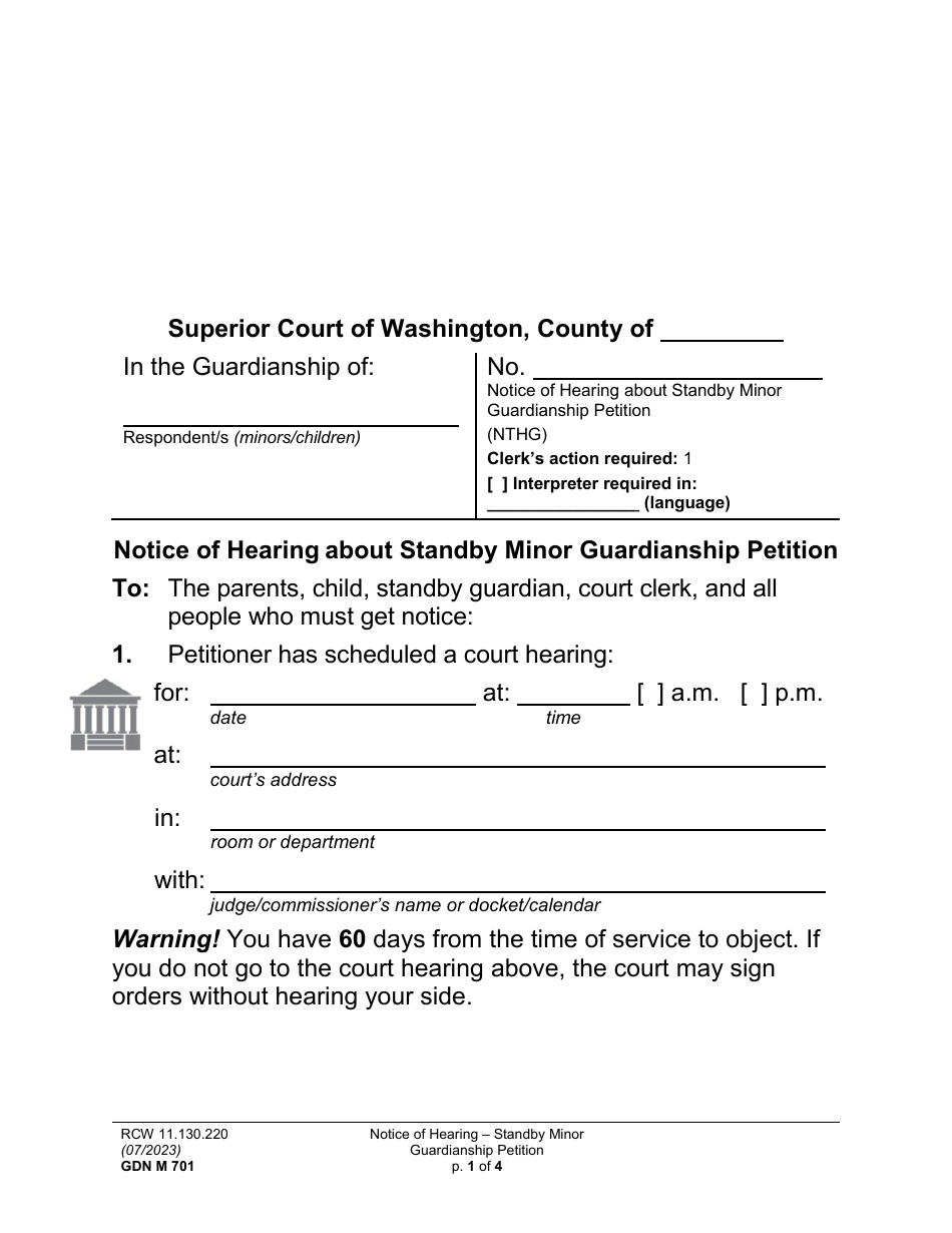 Form GDN M701 Notice of Hearing About Standby Minor Guardianship Petition (Nthg) - Washington, Page 1