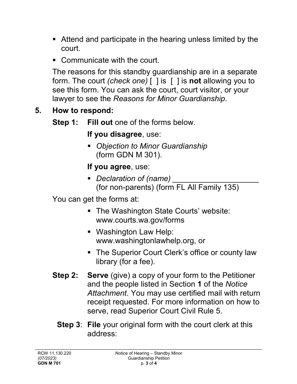 Form GDN M701 Notice of Hearing About Standby Minor Guardianship Petition (Nthg) - Washington, Page 3