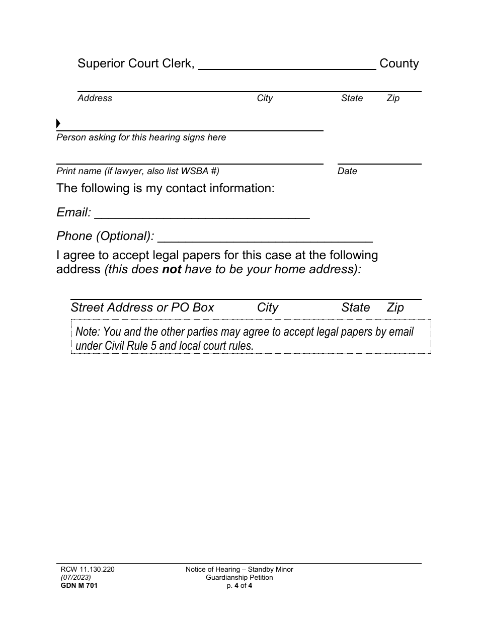 Form GDN M701 Notice of Hearing About Standby Minor Guardianship Petition (Nthg) - Washington, Page 4