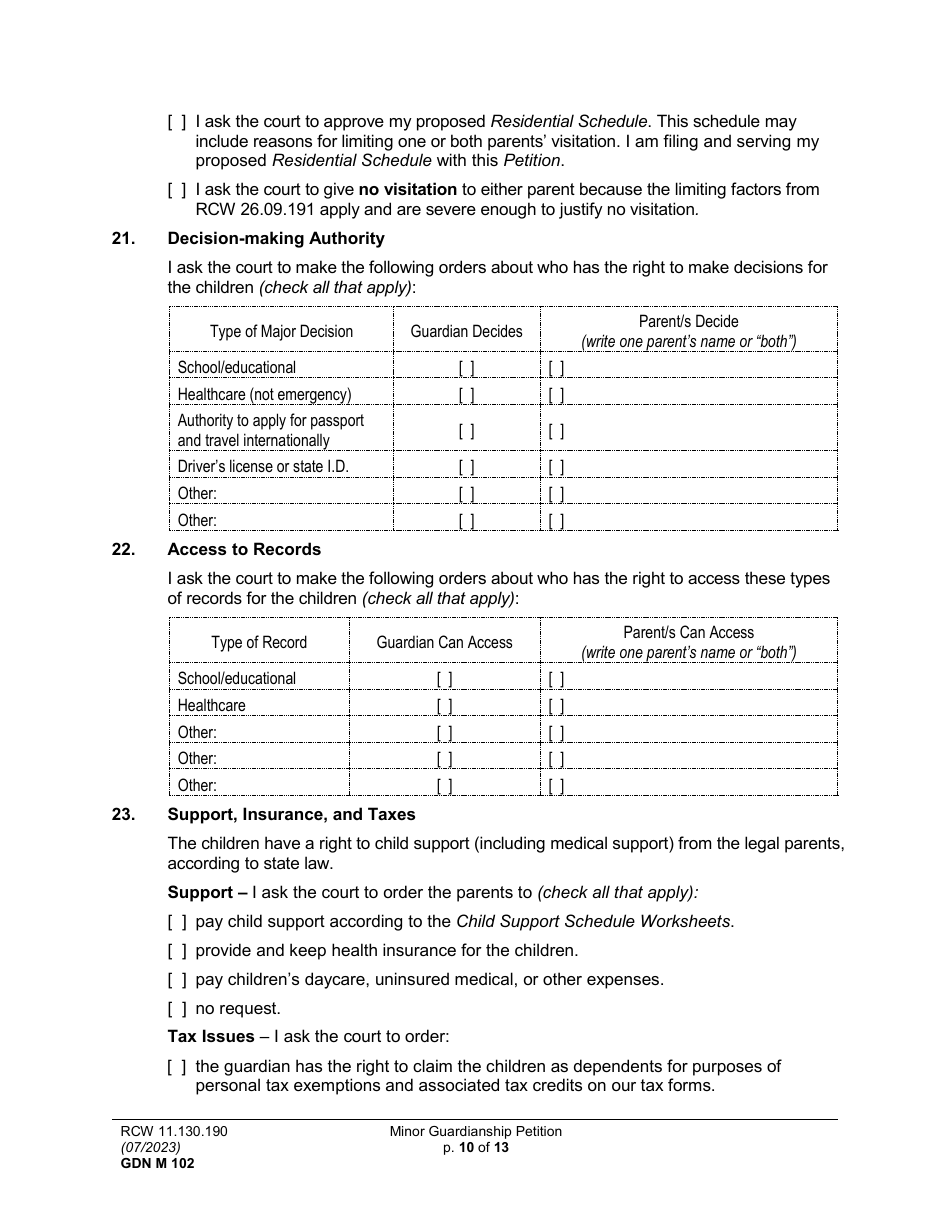 Form GDN M102 Minor Guardianship Petition - Washington, Page 10