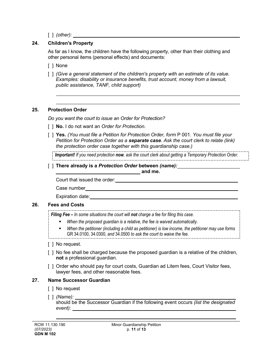 Form GDN M102 Minor Guardianship Petition - Washington, Page 11