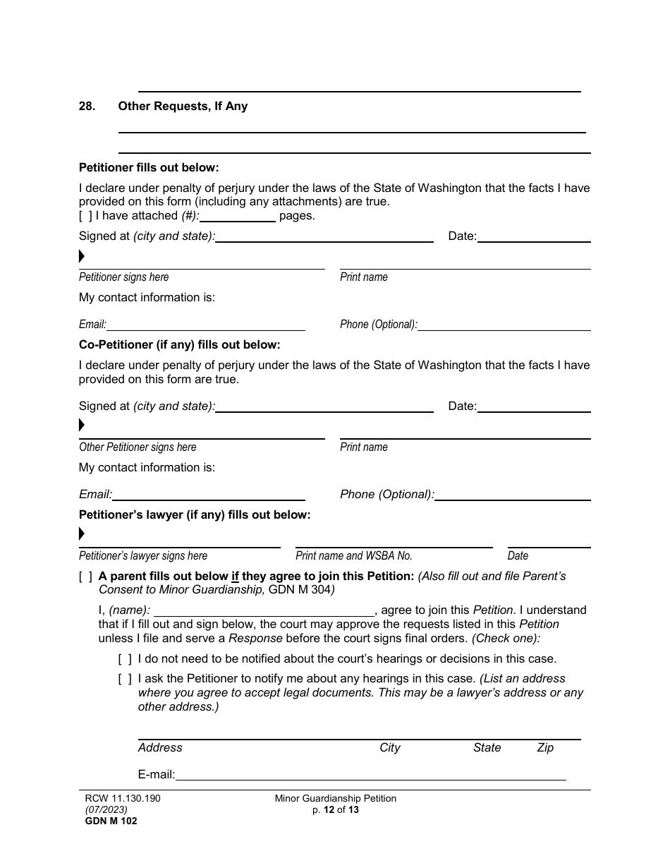 Form GDN M102 Minor Guardianship Petition - Washington, Page 12