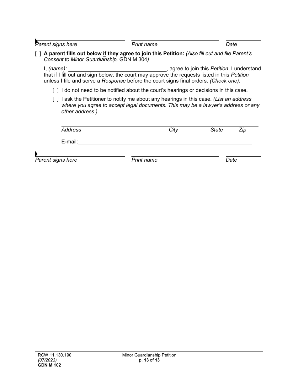 Form GDN M102 Minor Guardianship Petition - Washington, Page 13