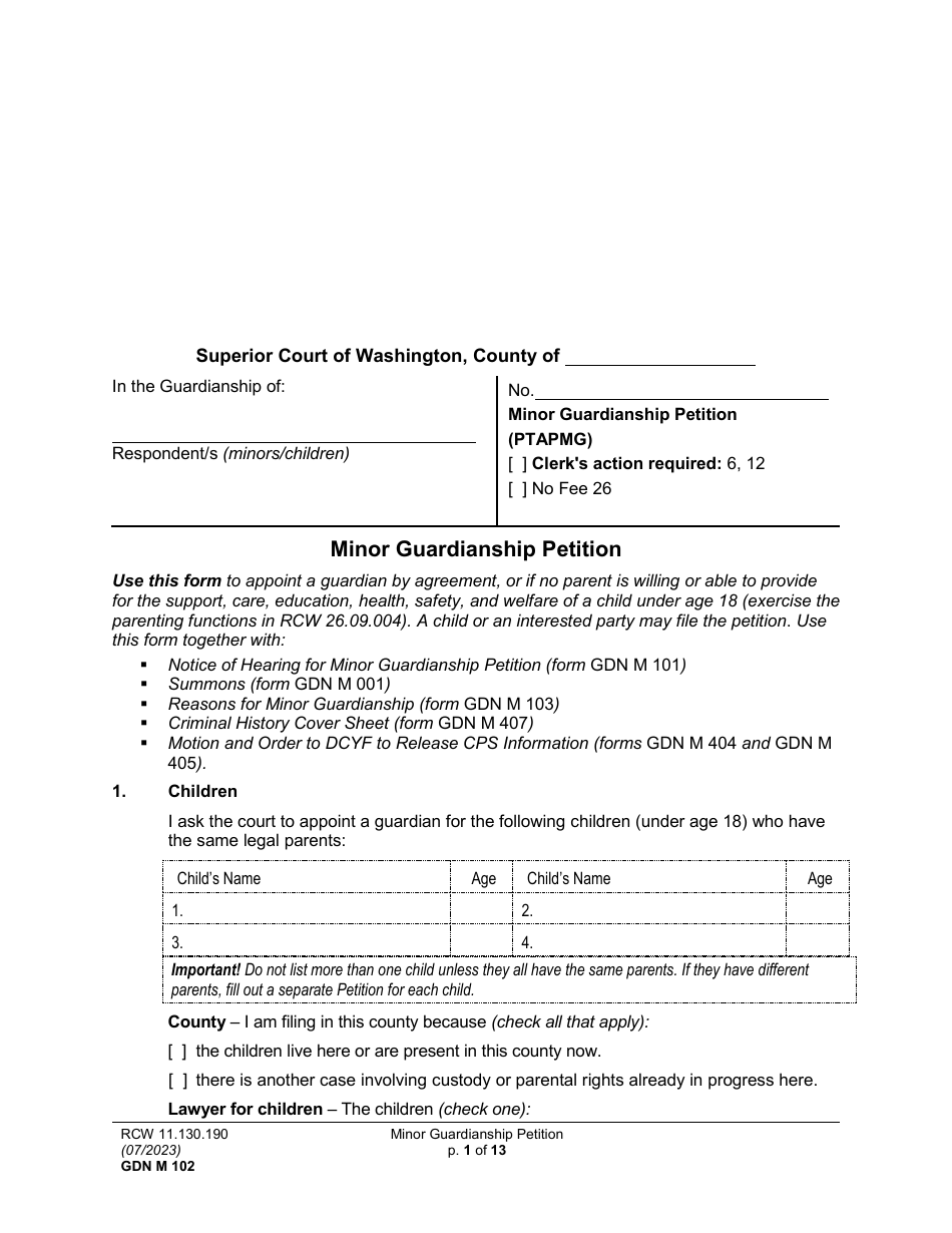 Form GDN M102 Minor Guardianship Petition - Washington, Page 1