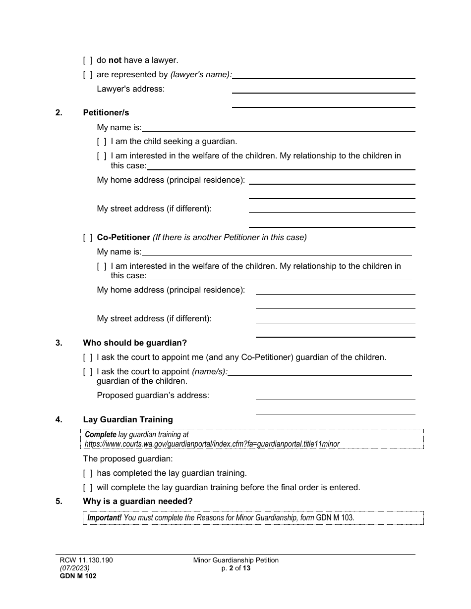 Form GDN M102 Minor Guardianship Petition - Washington, Page 2