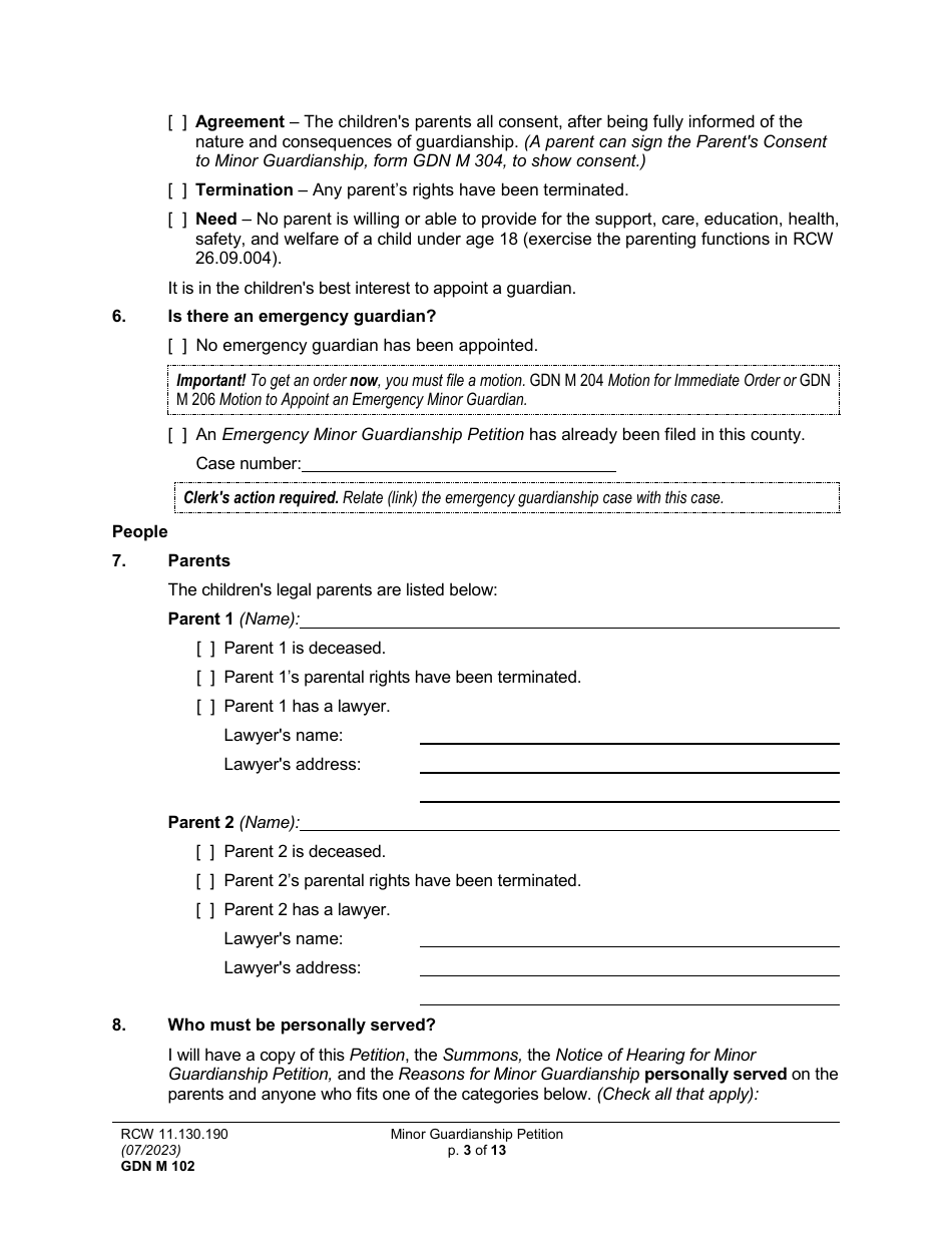 Form GDN M102 Minor Guardianship Petition - Washington, Page 3