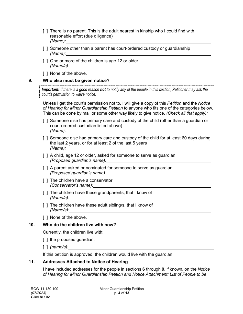 Form GDN M102 Minor Guardianship Petition - Washington, Page 4