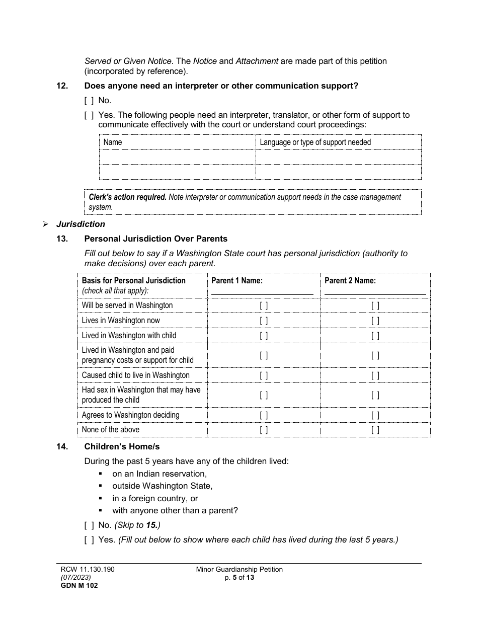 Form GDN M102 Minor Guardianship Petition - Washington, Page 5