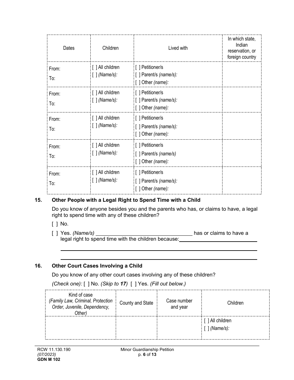 Form GDN M102 Minor Guardianship Petition - Washington, Page 6