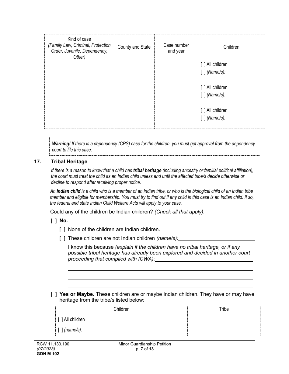 Form GDN M102 Minor Guardianship Petition - Washington, Page 7