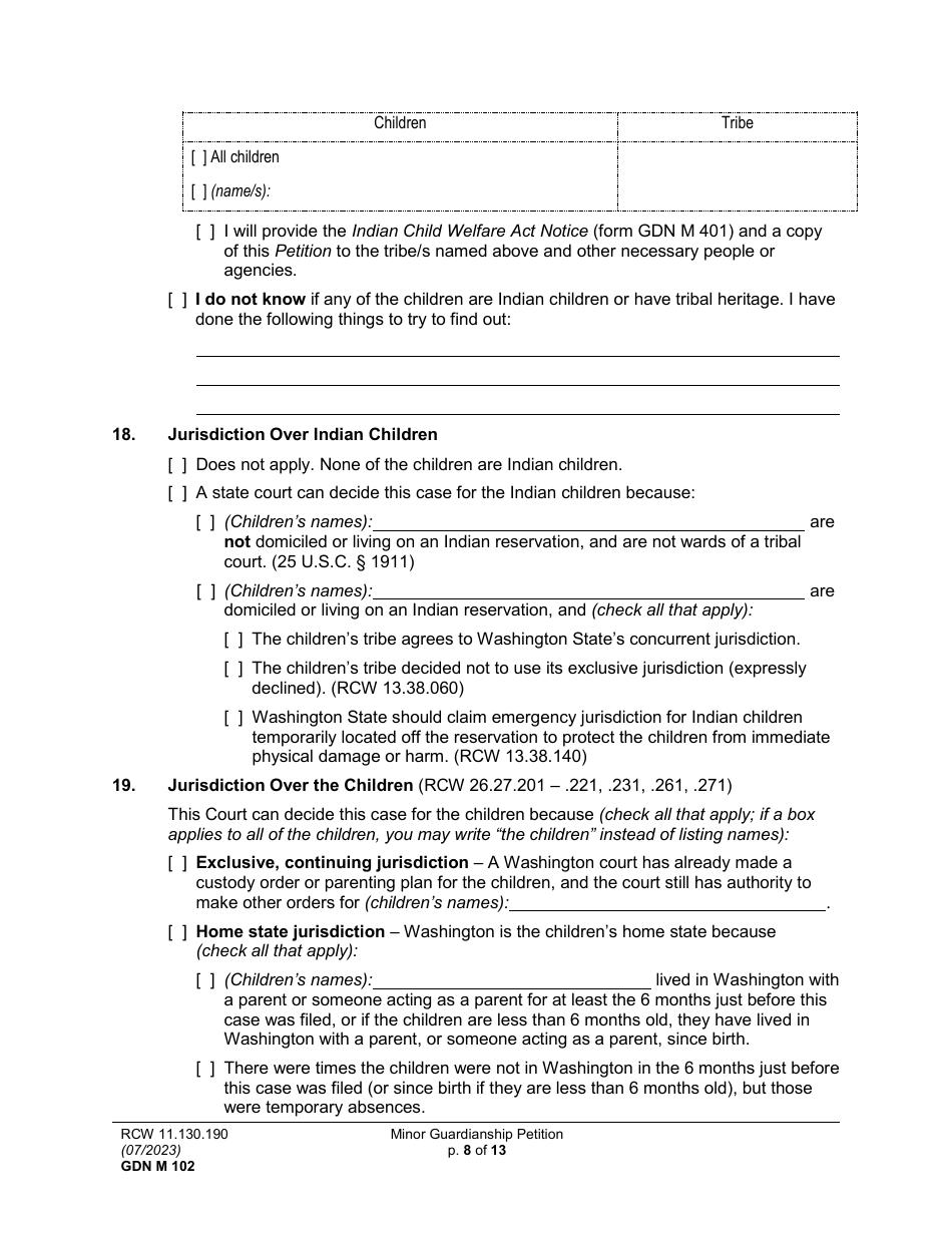 Form GDN M102 Minor Guardianship Petition - Washington, Page 8