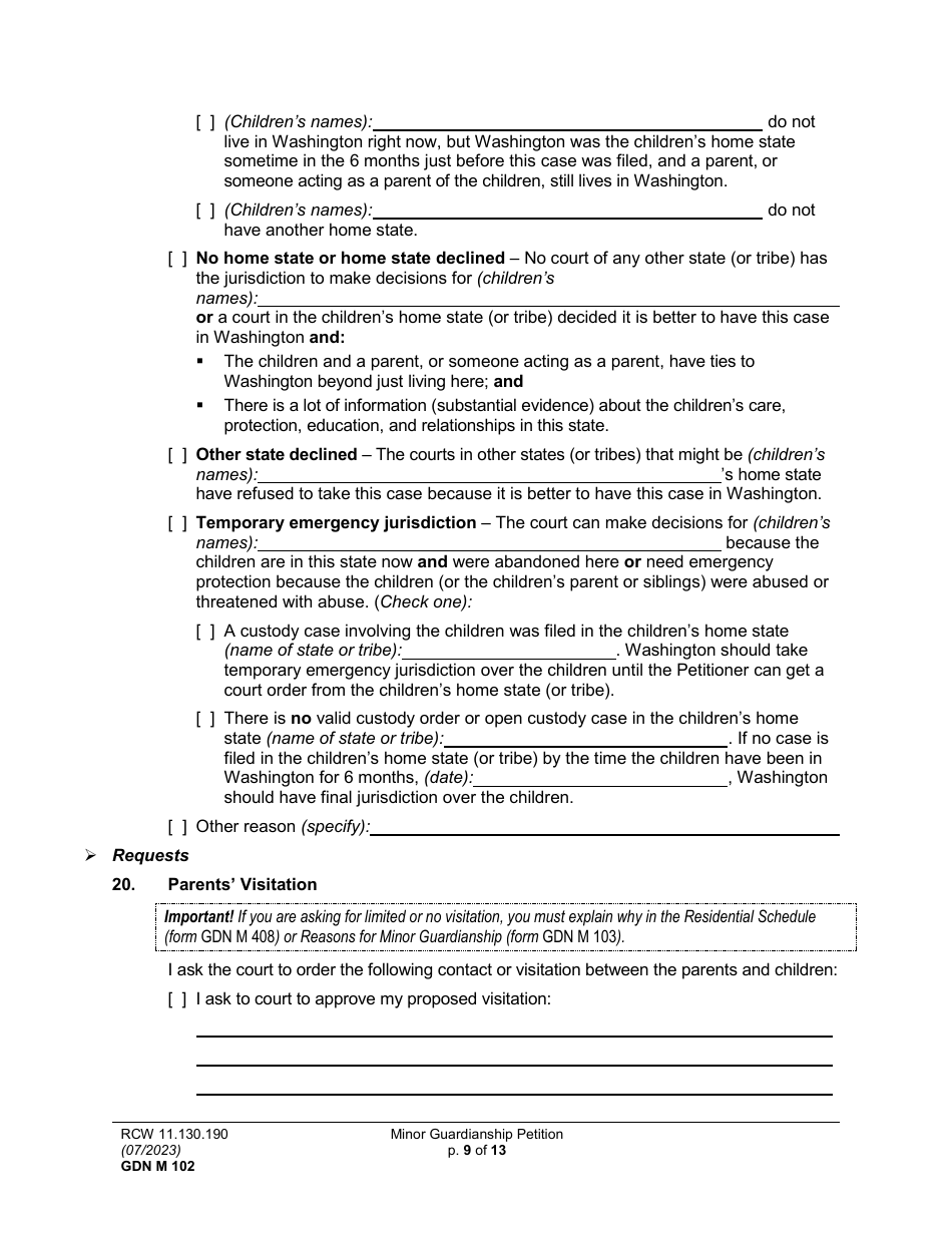 Form GDN M102 Minor Guardianship Petition - Washington, Page 9