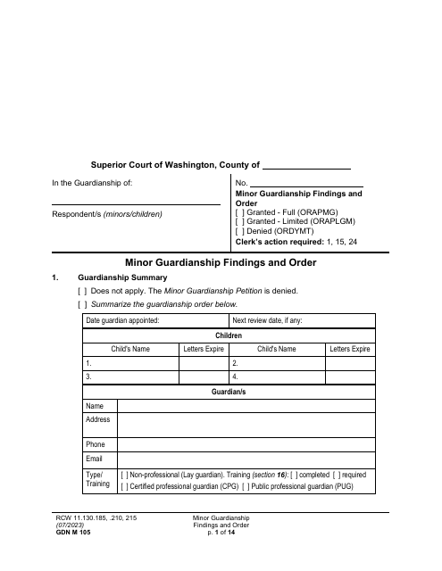 Form GDN M105 Minor Guardianship Findings and Order - Washington
