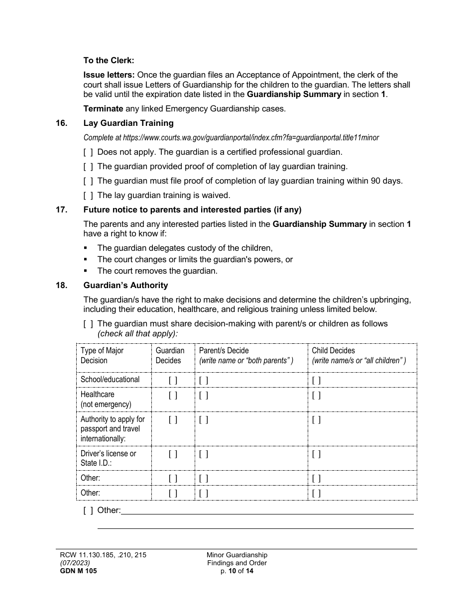Form GDN M105 Minor Guardianship Findings and Order - Washington, Page 10