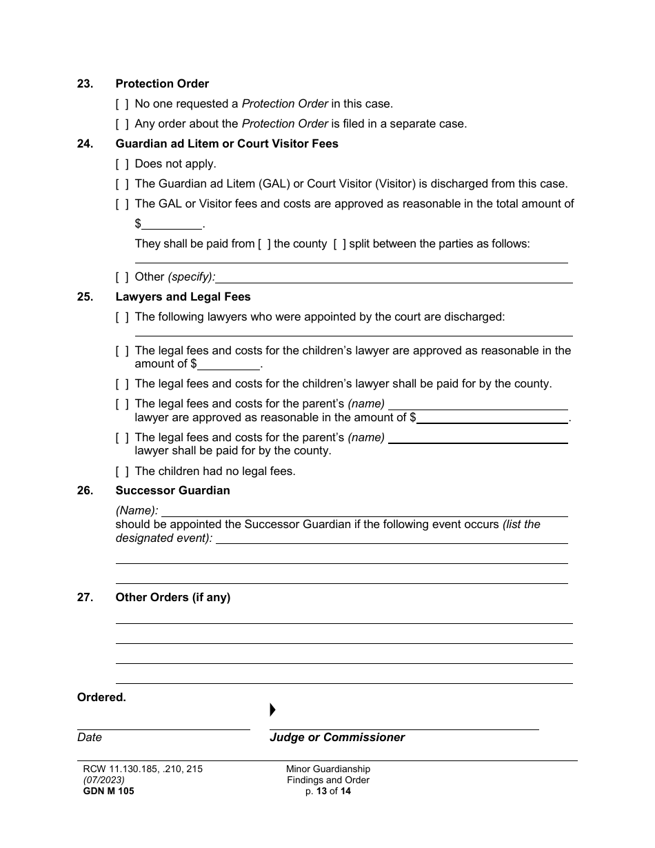 Form GDN M105 Minor Guardianship Findings and Order - Washington, Page 13