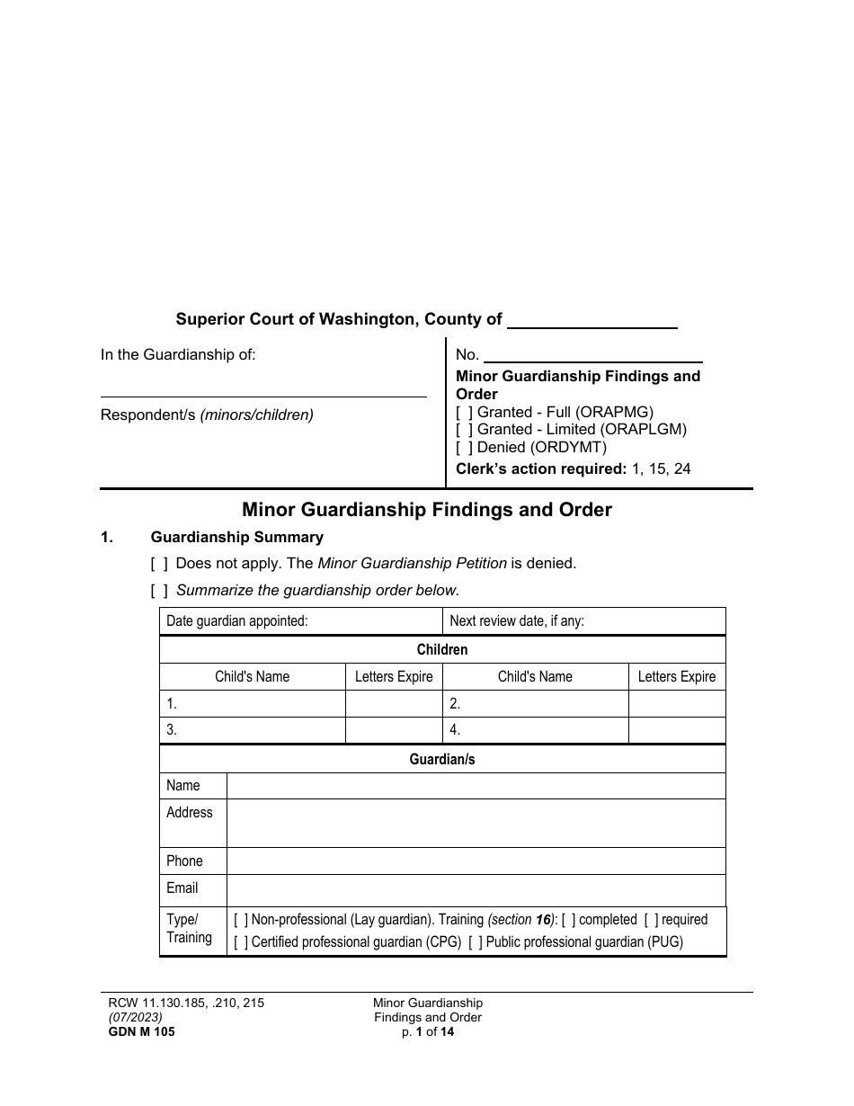 Form GDN M105 Minor Guardianship Findings and Order - Washington, Page 1