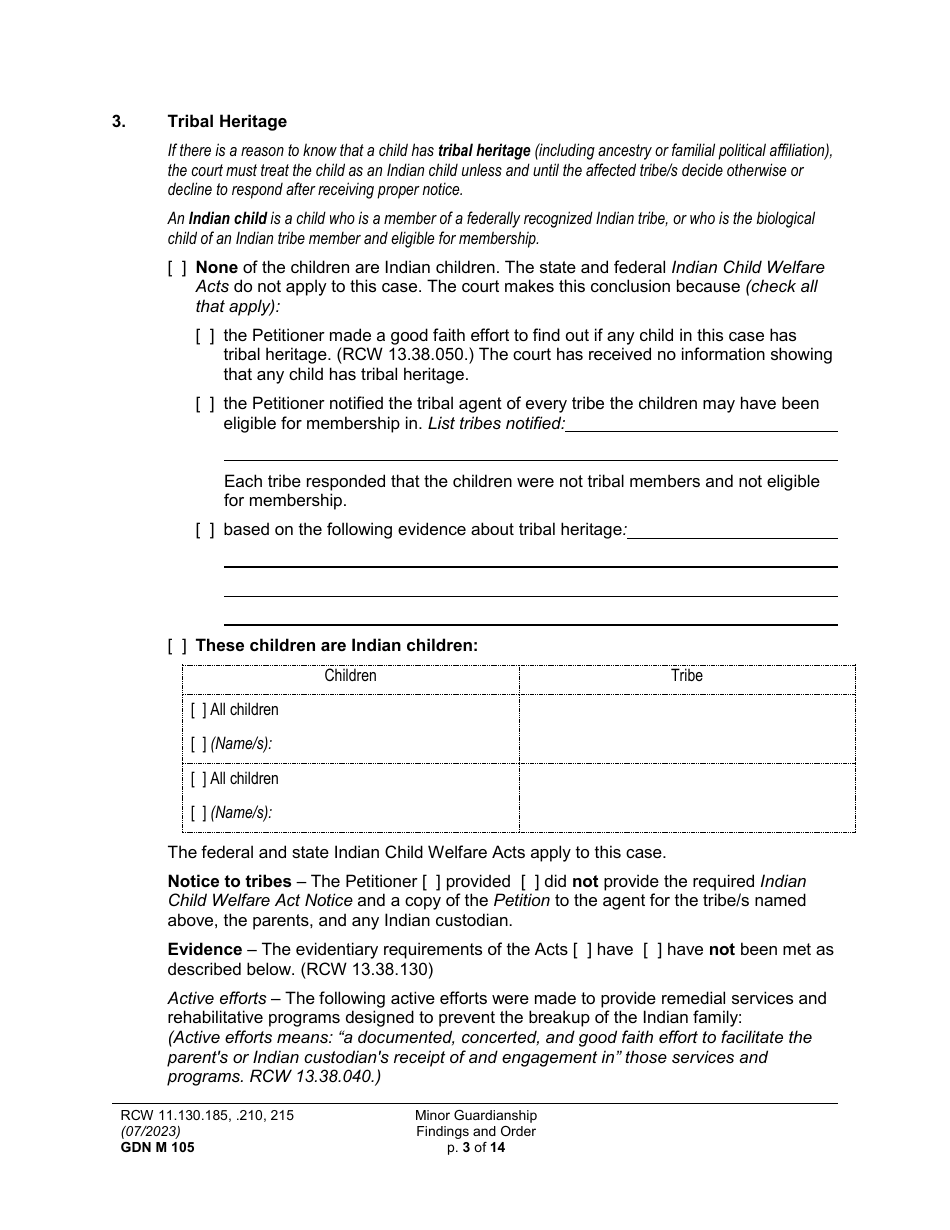 Form GDN M105 Minor Guardianship Findings and Order - Washington, Page 3