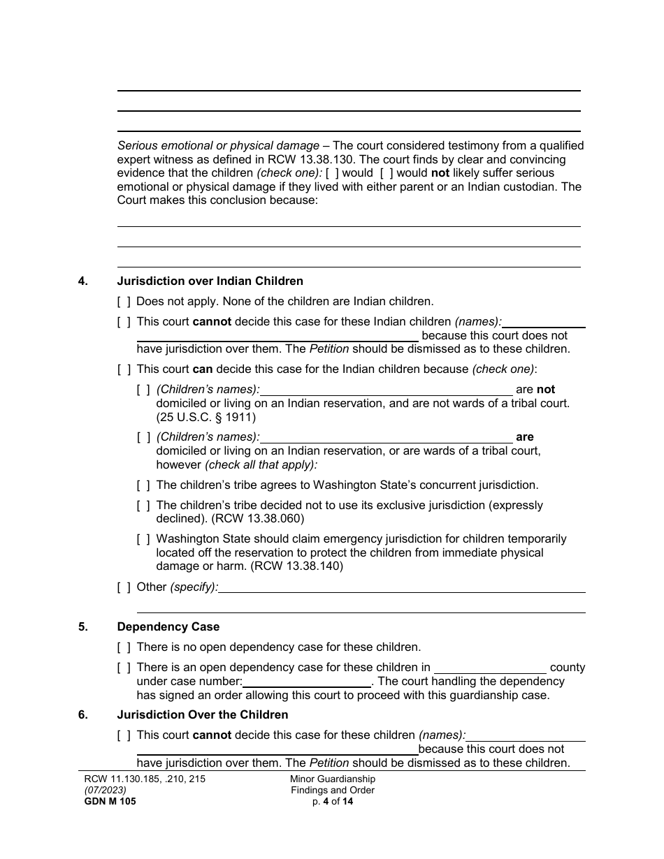 Form GDN M105 Minor Guardianship Findings and Order - Washington, Page 4