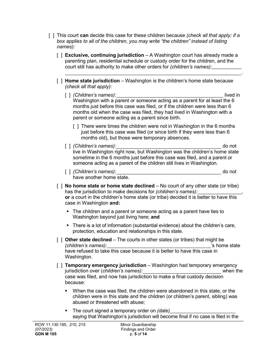Form GDN M105 Minor Guardianship Findings and Order - Washington, Page 5