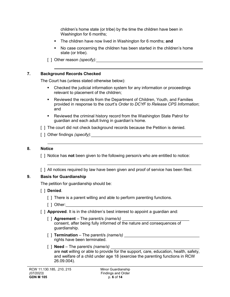 Form GDN M105 Minor Guardianship Findings and Order - Washington, Page 6
