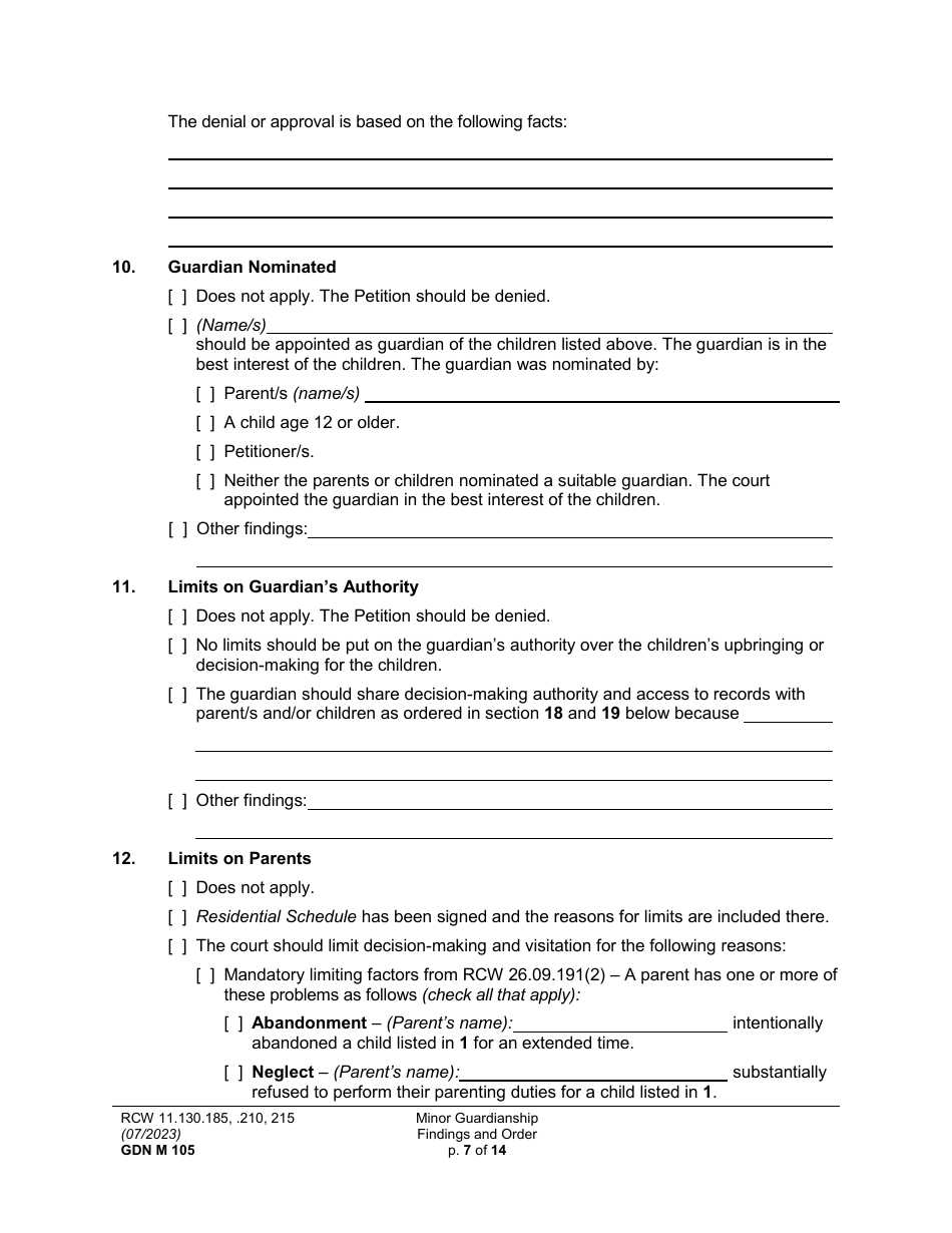 Form GDN M105 Minor Guardianship Findings and Order - Washington, Page 7